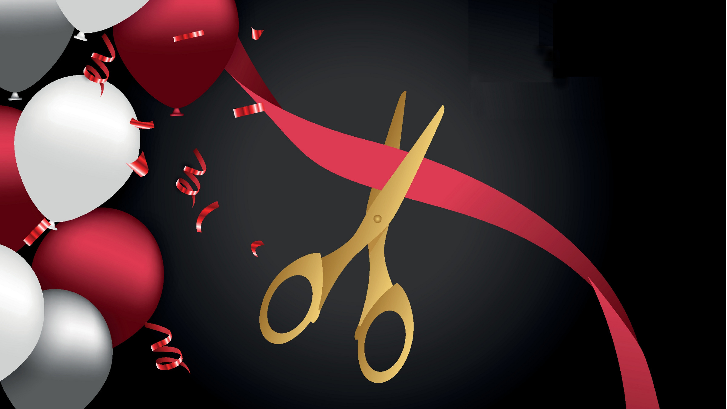 ribbon, balloons, and gold scissors